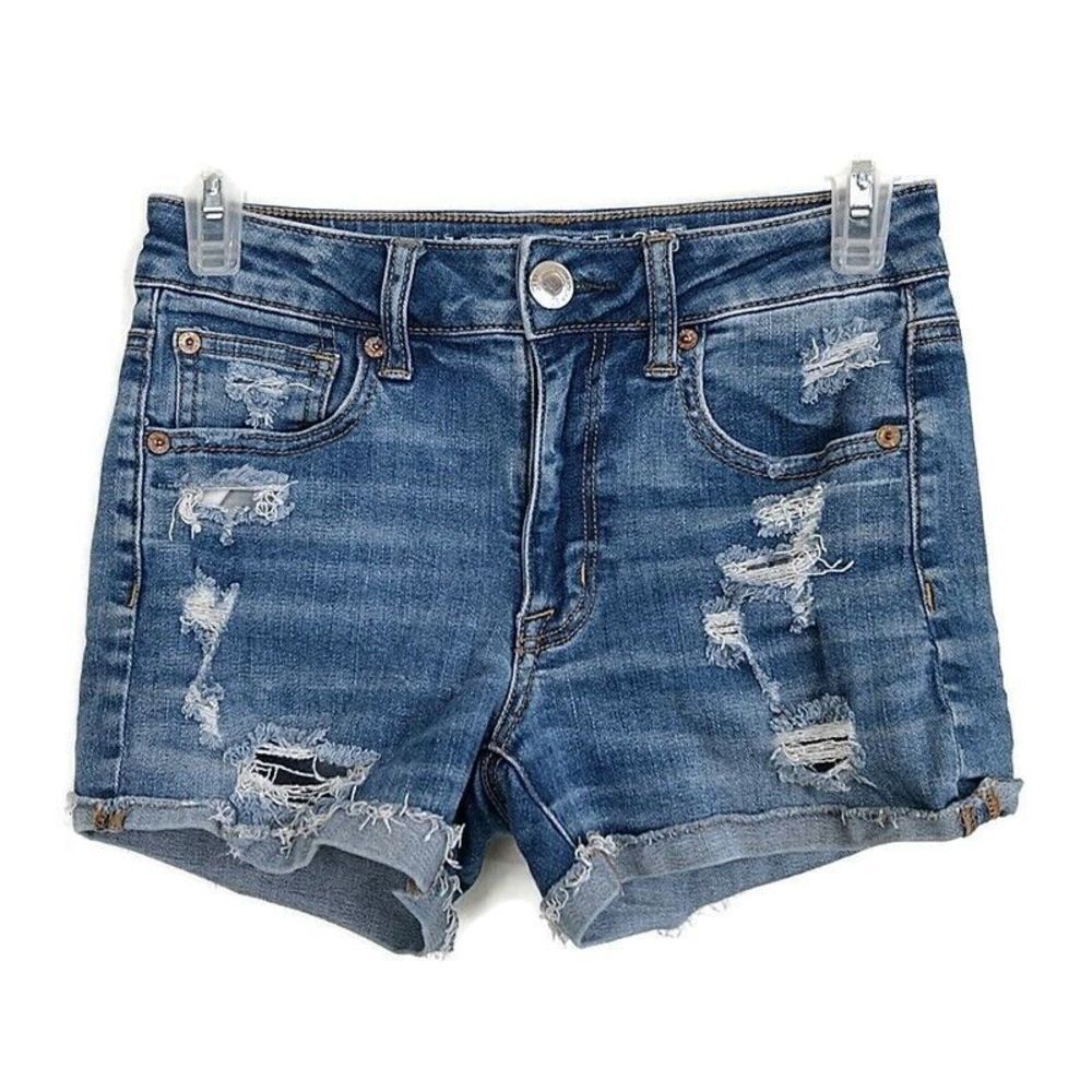 American Eagle Womens sz 2 Shorts Distressed Denim Roll Cuff Hi Rise Shortie